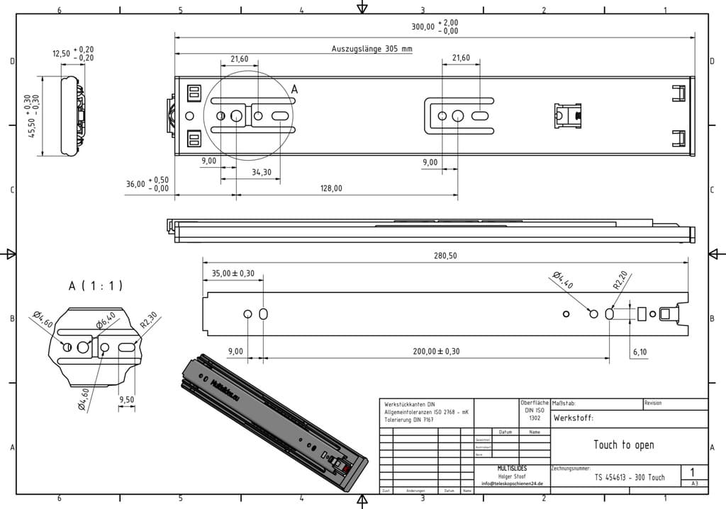 Teleskopschienen Touch zum öffnen 300 mm
