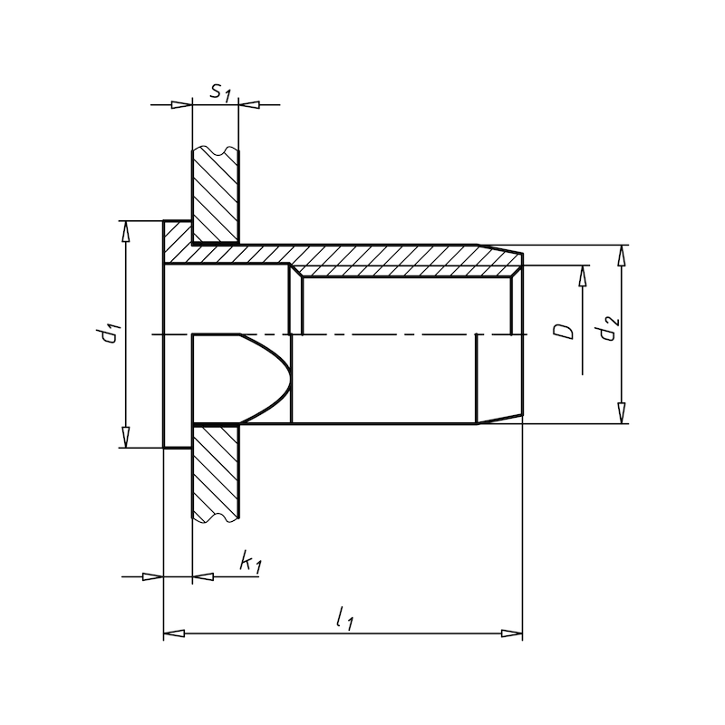 Einnietmutter mit Teilsechskantschaft und Flachkopf, M10