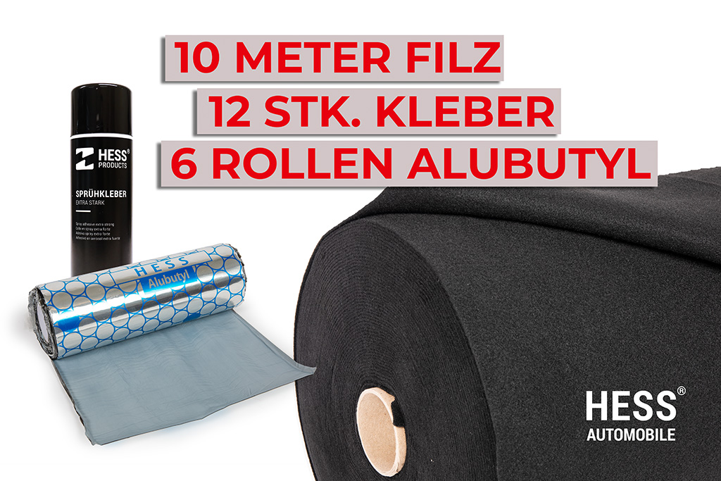 Komplettset Fahrzeugdämmung – 10m Filz, 12x Sprühkleber &amp; 6x Alubutyl-Rollen