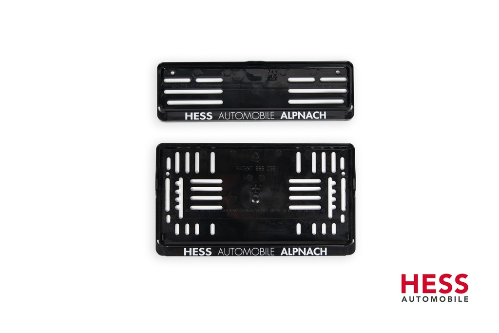 Zwei Schweizer Kennzeichen Halterungen für Autos von Hess, hintere Halterung im Hochformat
