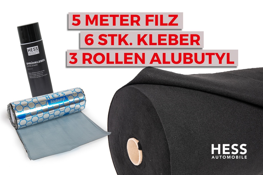 Filz für Fahrzeugisolierung, Set à 5 Meter inkl. Kleber und Alubutyl, Schwarz