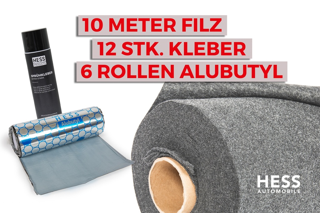 Filz für Fahrzeugisolierung, Set à 10 Meter inkl. Kleber und Alubutyl, Grau meliert