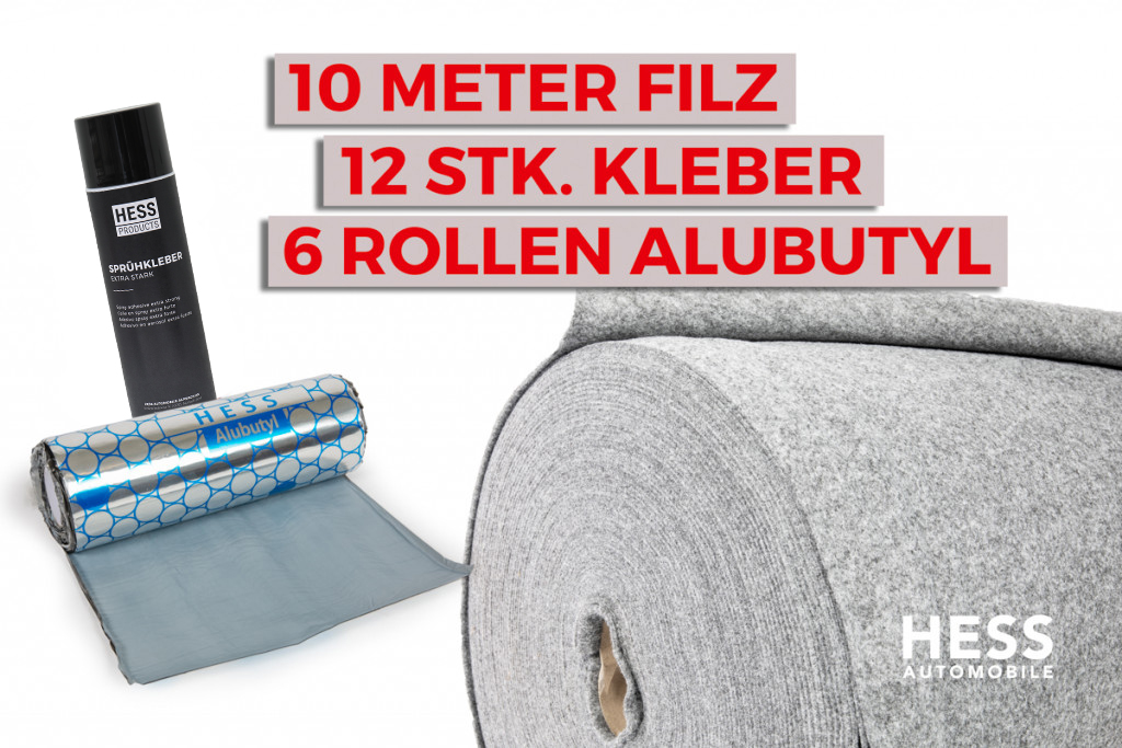 Filz für Fahrzeugisolierung, Set à 10 Meter inkl. Kleber und Alubutyl, Silbergrau